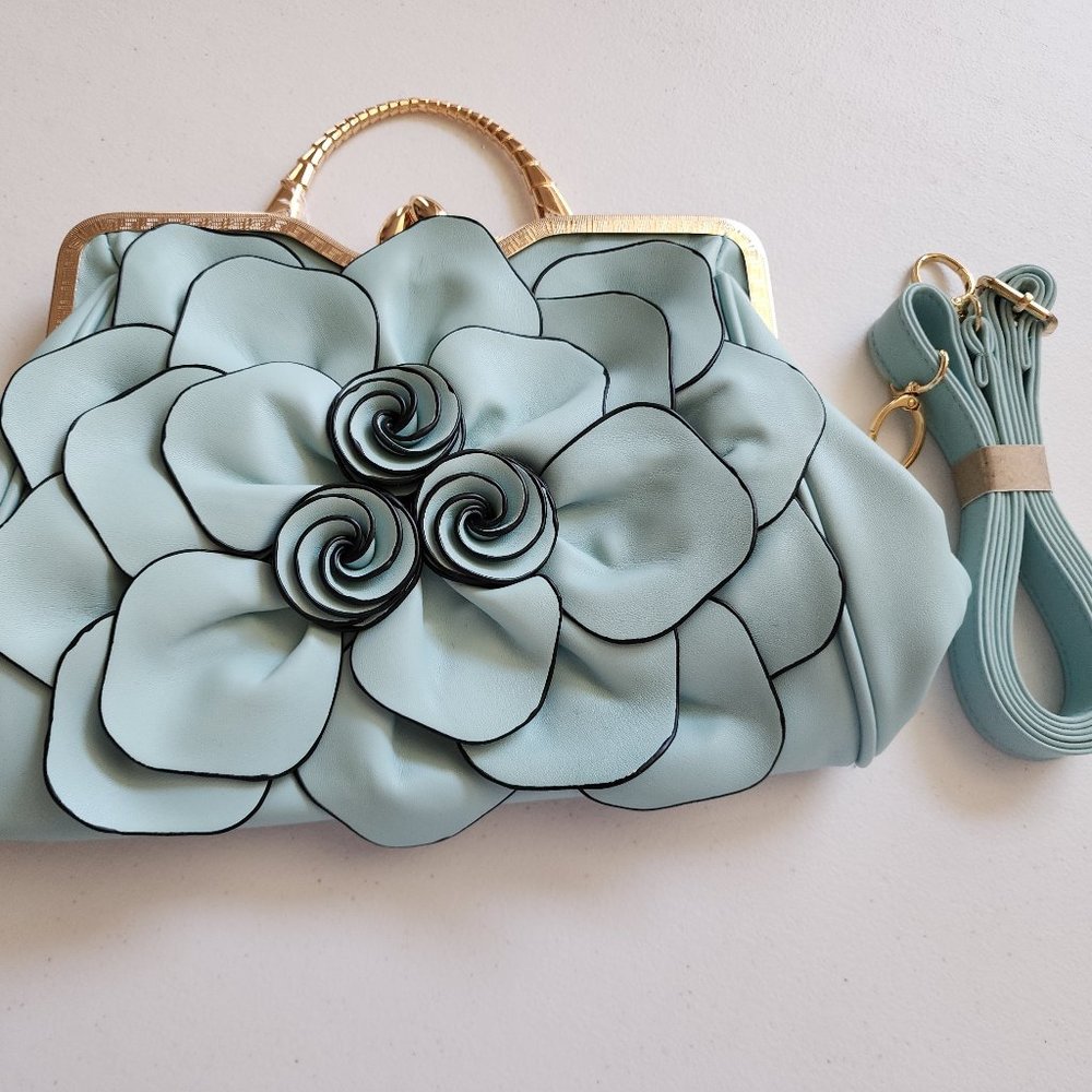 Soft Leather Robin's Egg Blue Flower Purse with Strap